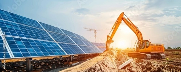 Fototapeta Excavator working on solar farm construction site at sunset, showcasing renewable energy development and green technology.
