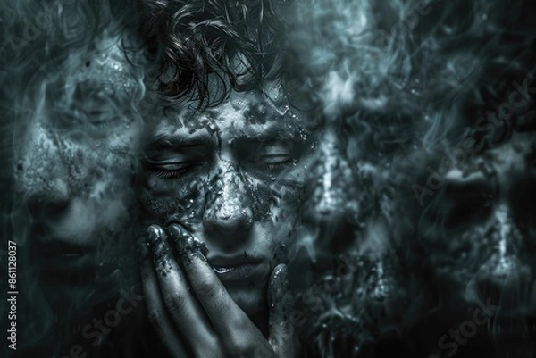 Fototapeta Surreal Portrait of a Boy with Multiple Reflections and Mysterious Fog