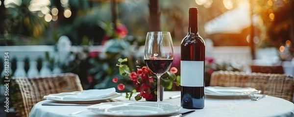Fototapeta Elegant dining table with a bottle of red wine and a glass on a restaurant terrace