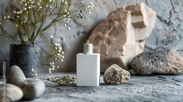Fototapeta Minimalist gray background for product photography with just one object as the highlight, white square perfume bottle on table, rock beside it, studio lighting