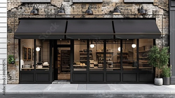 Obraz A black and brown shop front with large windows and brown awnings A black door is on the left side of an old brick building A blank wall could be used for display mockups Black fra