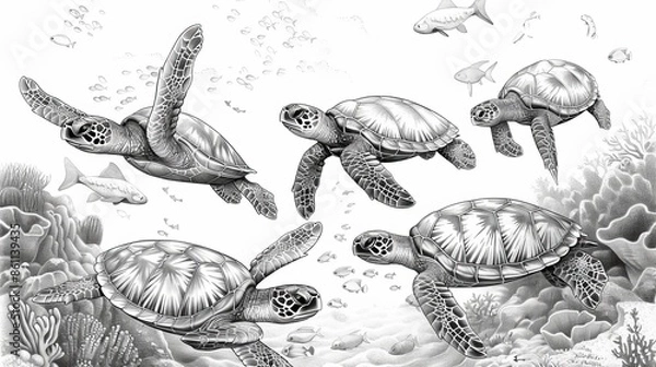 Fototapeta coloring book The image shows a group of turtles swimming in the ocean