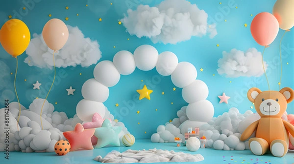Obraz Arch takes center stage, adorned with pastel balloons drifting amidst fluffy clouds and twinkling stars. Scatter big kids toys and decorative clouds on the floor, and place a cheerful teddy bear	
