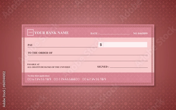 Obraz Blank bank check. Checkbook cheque template. Checkbook cheque template with red theme. Money payment voucher or pay cash cheque certificate.