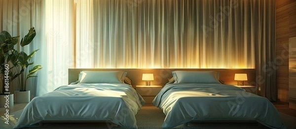Fototapeta A hotel room, bedroom with two beds, curtain, lighting front view at the day in holiday. Copy space image. Place for adding text and design