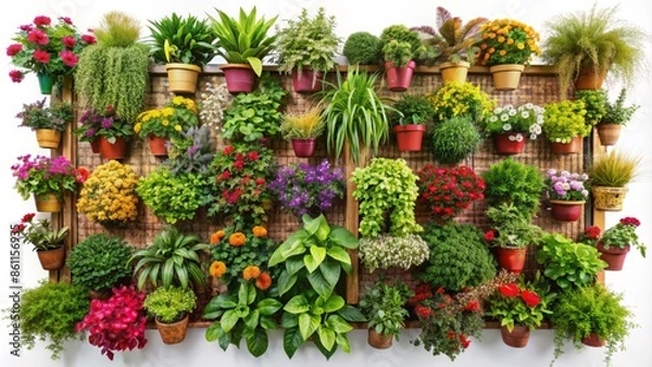 Fototapeta Colorful thriving vertical garden with lush greenery, vibrant flowers, and decorative planters on a transparent isolated background.