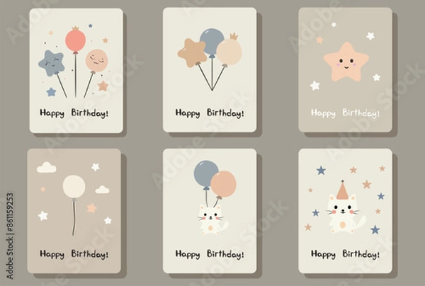 Fototapeta Children's minimalistic birthday greeting cards, great design for any purpose. Abstract background. Background for the banner. Vector background. A greeting card. Colorful pattern.