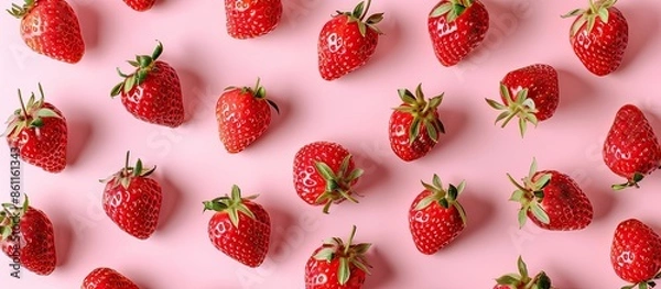 Fototapeta Creative layout made of strawberry on the pink background. Flat lay. Food concept. Macro concept. Copy space image. Place for adding text and design