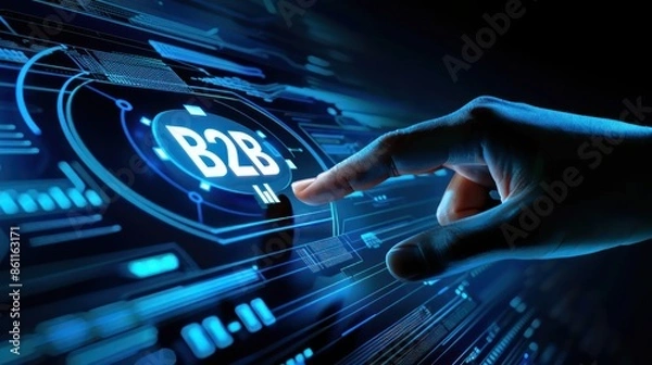 Fototapeta A hand touching futuristic digital background with the text B2b