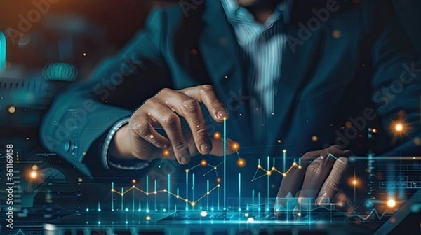 Fototapeta Close-up of analysis of work with the latest financial results, graphical analysis, forecasting financial account sales by handwriting, abstract digital results for background.