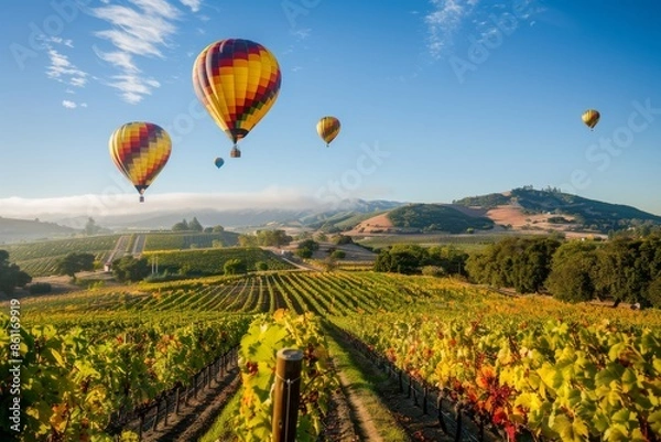 Fototapeta Hot Air Balloons Soaring Above Vineyards in the Morning