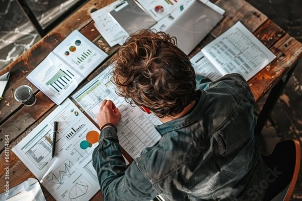 Fototapeta Focused on the Numbers: A Man Working on Financial Data