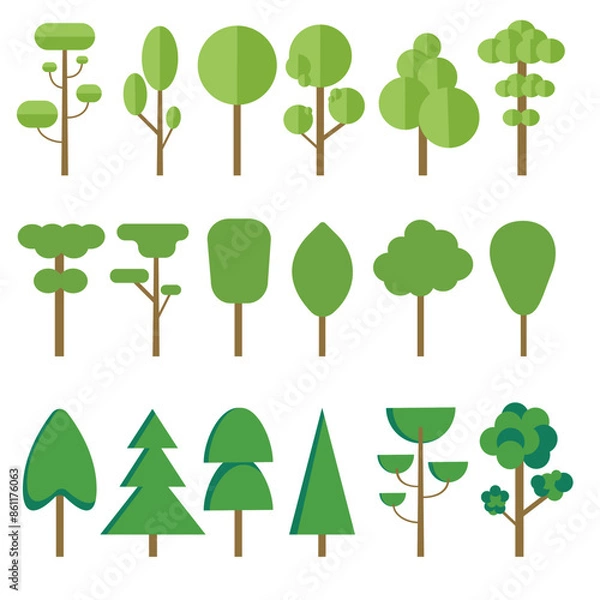 Obraz A set of simple images of trees, pines, firs, leafy. Flat illustration layout for designs. Vector images on a white background.
