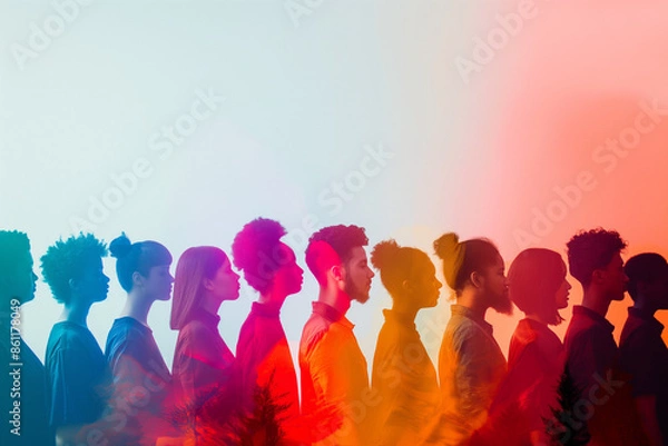 Fototapeta Side profile silhouettes of diverse people in colorful gradient light representing unity and diversity