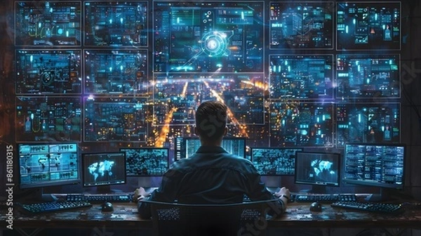 Fototapeta Hacker with Multiple Computer Screens Analyzing Cybersecurity Data Breaches in Intense High Tech Setting