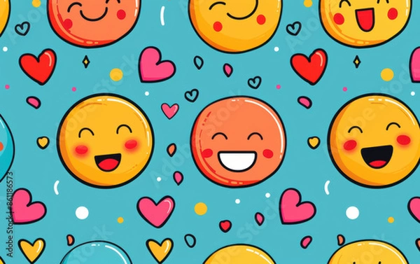 Fototapeta A pattern of smiling faces with hearts surrounding them