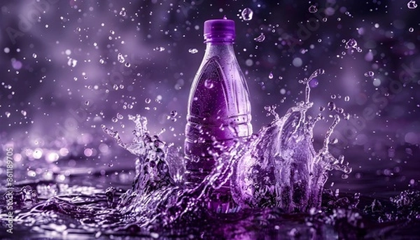 Fototapeta product photograph of bottle of purple color soft drink cola isolated in splash of water. Copy space for text.