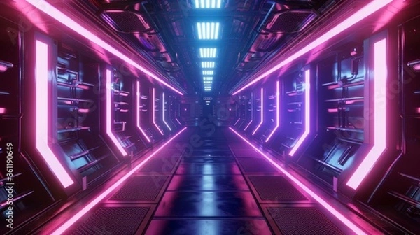 Fototapeta Future city skyline with glowing neon lines. Laser game neon light future of the 1980s