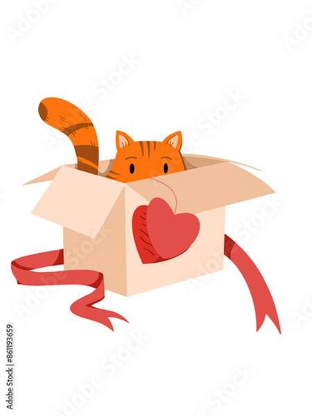 Fototapeta Adorable cat in cardboard present box illustration. Cartoon isolated funny pet hiding in gift box with red heart and ribbon, cute fluffy and amusing animal friend playing