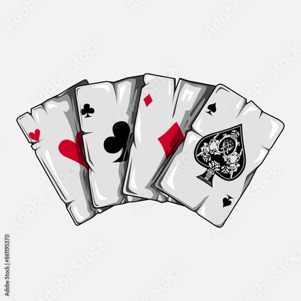Fototapeta Poker card and playing in casino logo. Colorful design with dark background. Abstract game illustration. Isolated black background for t-shirt, poster, clothing, merch, apparel. 