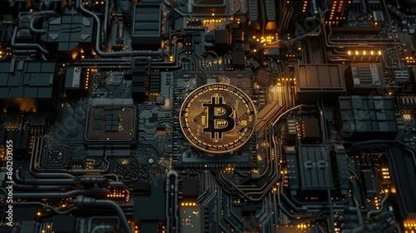 Fototapeta Golden Bitcoin stands out in a sea of black circuit boards and wires