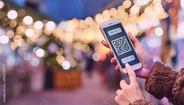 Obraz Woman Using QR Code Payment On Phone