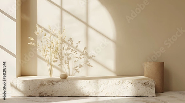 Obraz A tranquil minimalism, with its clean lines, uncluttered spaces, and soothing color palette, Conceptual of a light interior design with voluminous decorative textured objects, Empty podium