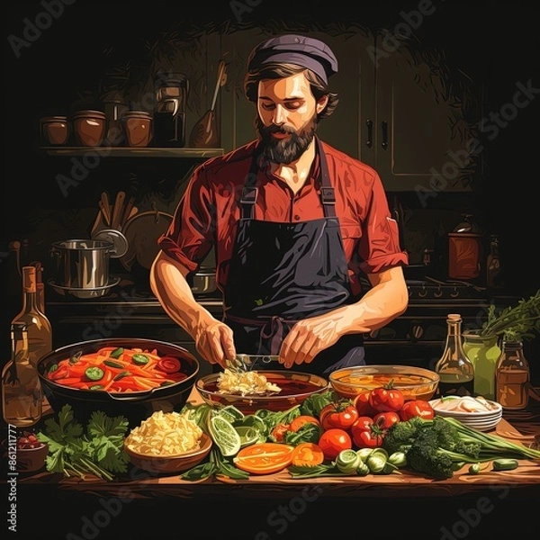 Obraz man cooking in the kitchen