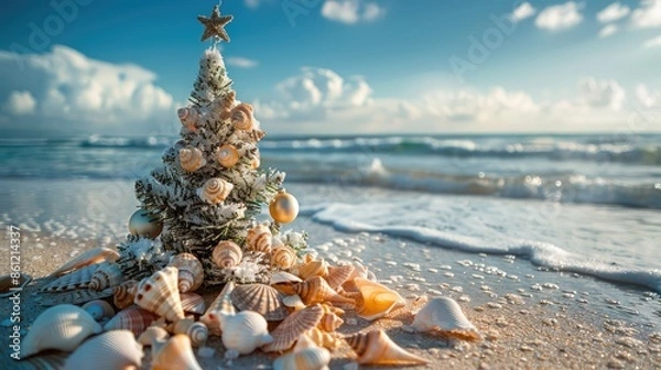 Fototapeta A beach scene with a Christmas tree decorated with seashells