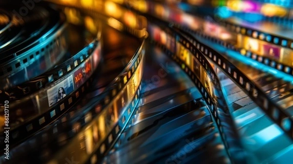 Obraz a digital film reel where each frame represents a movie with its size and color based on its average rating