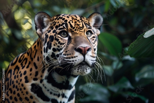 Fototapeta A jaguar with striking spots, captured in a close-up against a green, leafy background