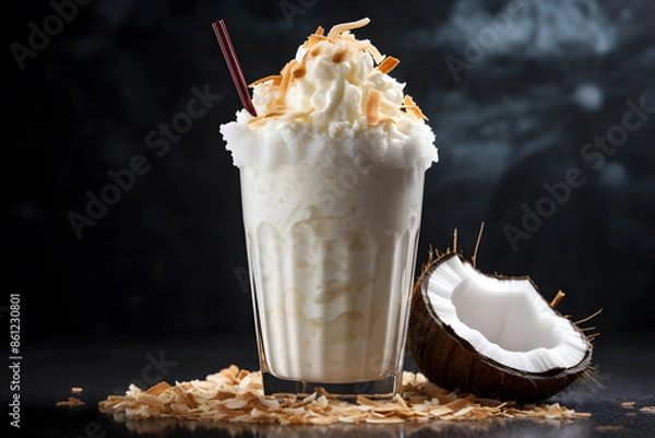 Fototapeta  A coconut milkshake with whipped cream and coconut