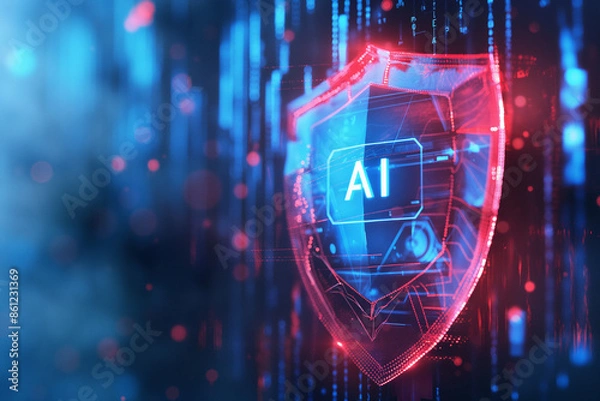 Fototapeta Glowing red AI shield in a digital landscape, representing advanced technology and cybersecurity