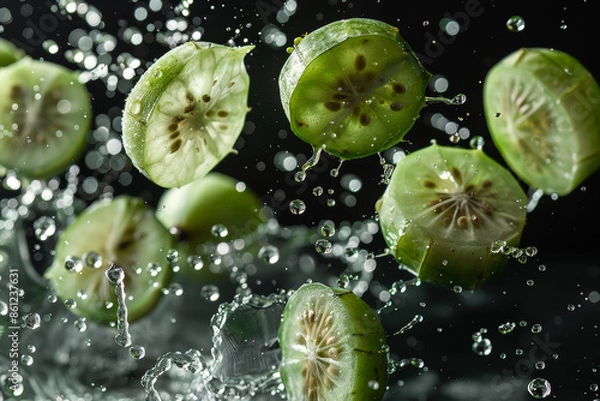 Fototapeta Fresh Cucumber Slices in Splashing Water Against Black Background