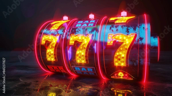 Fototapeta Slot machine with neon lights shows a winning combination of 777, resulting in a big win at the casino.