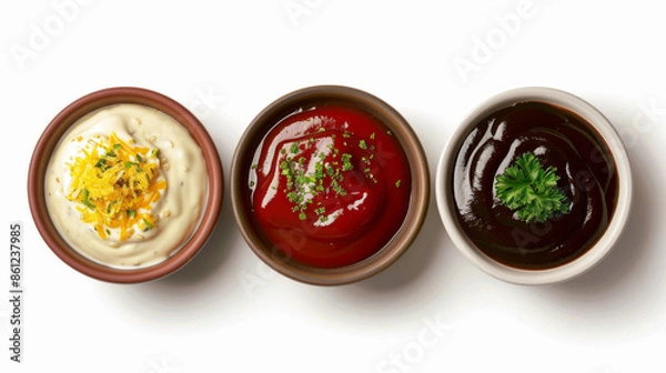 Fototapeta Various sauces in a ceramic bowl from above. Mustard, burger sauce, tartar, and ketchup are all isolated on a white background.