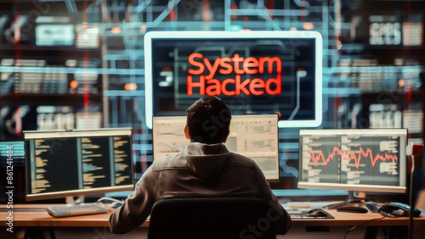 Obraz A man sitting at a desk in front of multiple computer monitors displaying a system hacked warning. The scene illustrates a cybersecurity breach or hacking attack in progress.