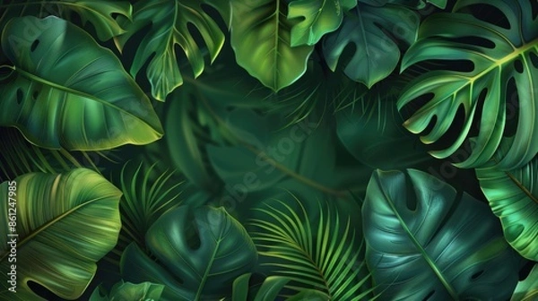 Obraz Tropical leaves background, banner with green floral pattern