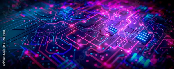 Fototapeta Abstract background with a circuit board pattern and neon light, in the style of cyber technology concept banner design. High tech digital interface with blue and purple lines on a black background. 