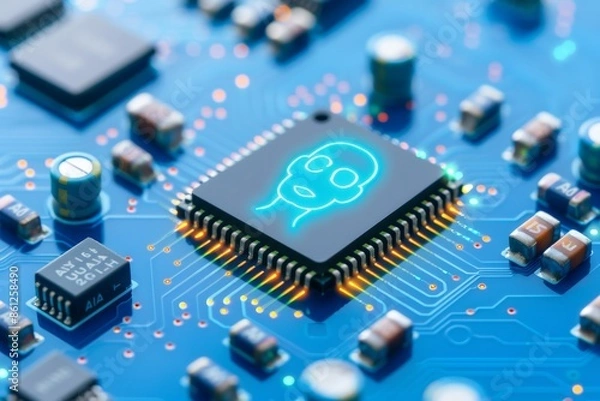 Fototapeta AI circuit board with glowing microchips, representing advanced technology and artificial intelligence, high tech illustration