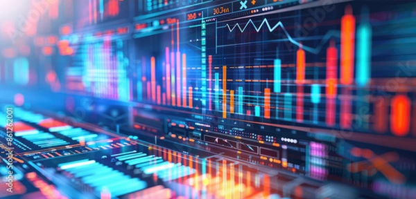 Obraz Data science analysis with charts and graphs, close up, statistical computing, vibrant, composite, modern office backdrop