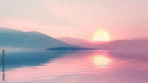 Fototapeta Aesthetic background wallpaper featuring a minimalist sunset over a serene lake, with soft pastel colors and gentle reflections on the water.