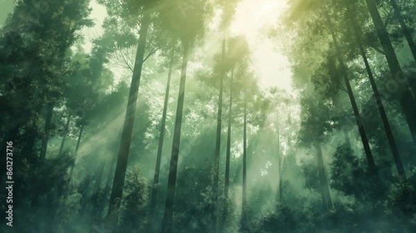 Fototapeta Aesthetic background of a dreamy forest scene with mist and dappled sunlight filtering through tall trees, rendered in soft, calming greens and browns.