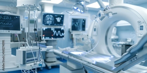 Fototapeta A hospital room with a CT scan machine. The room is clean and sterile, with a blue floor. The CT scan machine is the main focus of the room, and it is surrounded by other medical equipment