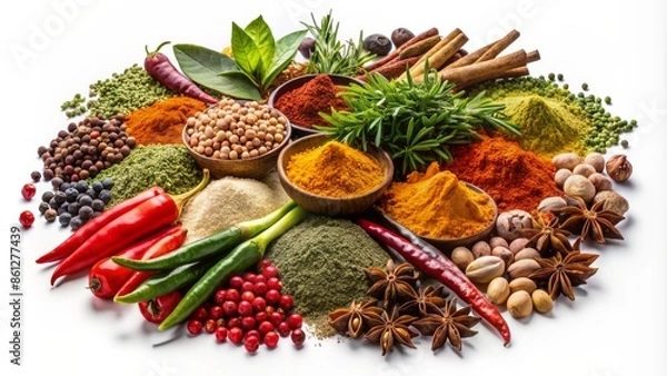 Fototapeta Colorful array of freshly picked Mediterranean herbs and exotic spices isolated on transparent background with realistic shadow effect.