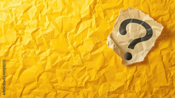 Obraz Torn Beige Paper with Black Question Mark, Sign or Symbol on Crumpled Yellow Texture Background -  Empty Copy Space for Text. Q & A, Faq, Mystery, Interrogation Abstract Concept, Theme Design Backdrop