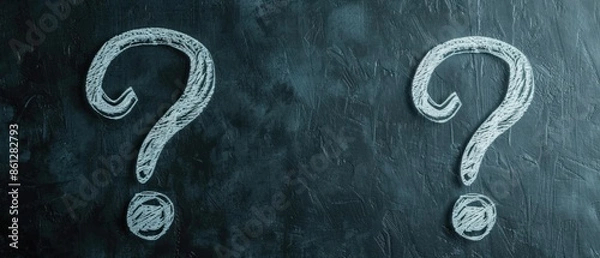 Fototapeta Hand-Drawn White Chalk Question Marks on Blackboard Dark Texture Banner Background with Empty Copy Space for Text. School Drawing of Questions Signs, Symbols on Board Chalk. FAQ Concept Theme Backdrop
