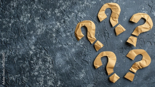 Obraz Crumpled Beige Paper Question Marks, Signs or Symbols on Textured Rough, Dark Grey Background with Empty Copy Space for Text. Q & A, Faq, Mystery, and Interrogation Abstract Concept, Theme Backdrop 