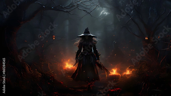 Obraz Whimsical Witches: A Midnight Flight with Pumpkins, Spells, and Enchanted Moonlit Nights halloween witch with pumpkin and witch