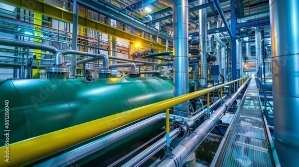 Fototapeta Vivid interior of hydrogen production and processing facility, showcasing advanced technology and industrial operations